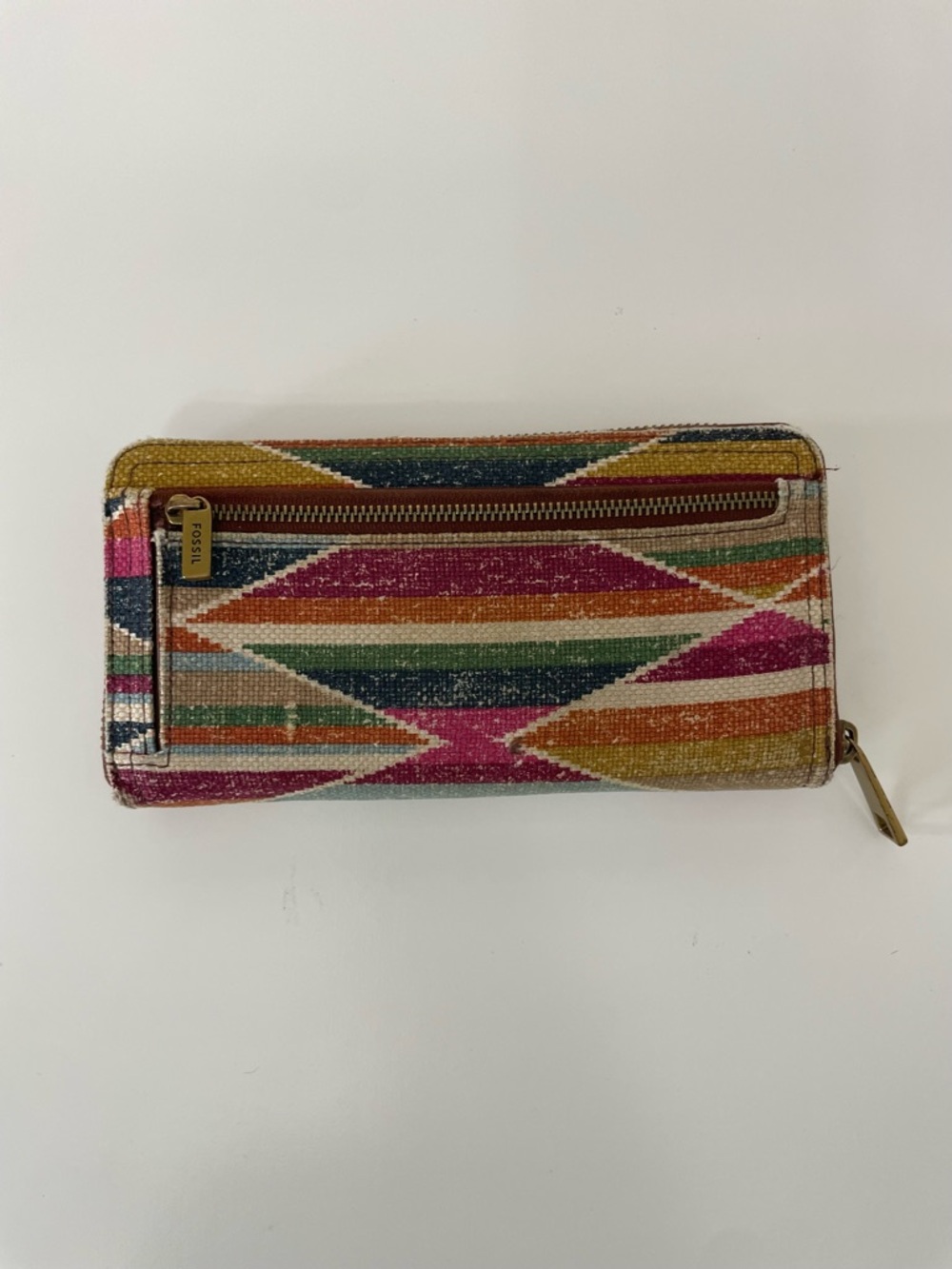 Fossil Multicolor Aztec Geometric Fabric Zip Around Wallet Boho Cottagecore